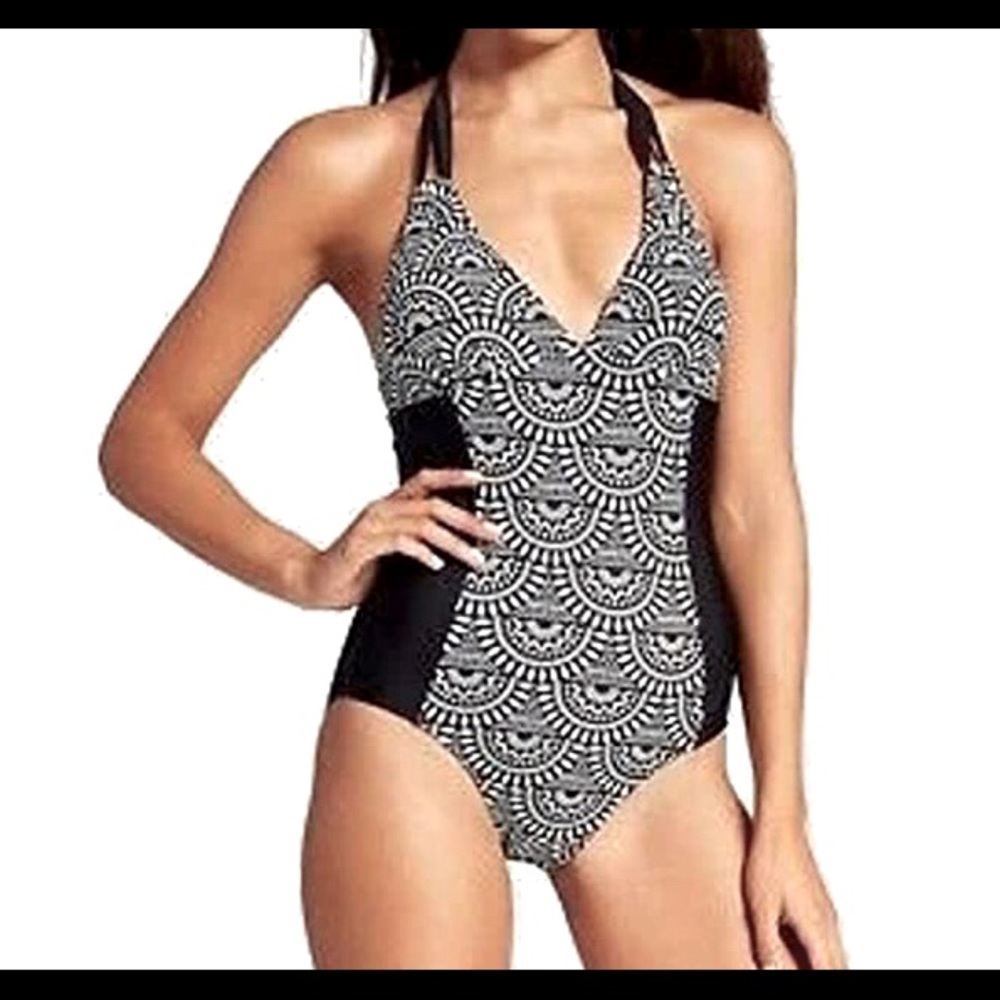 Merona One Piece Swim Suit Black White Halter Sz S